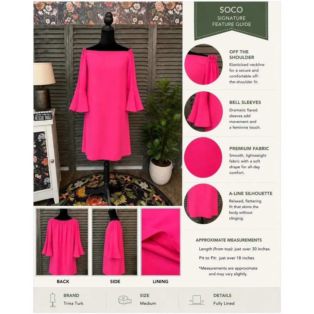Trina Turk Hot Pink Off Shoulder Bell Sleeve Mini Dress Medium NWT MSRP $258 - Picture 4 of 12